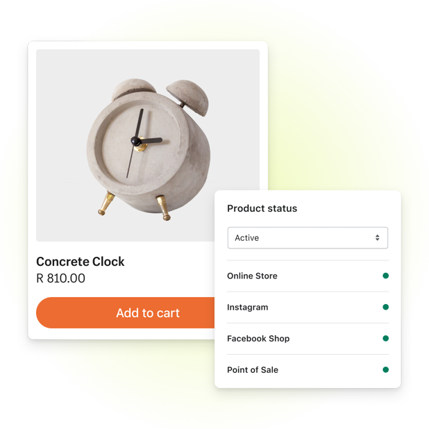 In the background, an online checkout screen showing a Concrete Clock with a button under it: "Add to cart." In the foreground, a screen from the Shopify admin showing the Concrete Clock is available for sale on the following sales channels: Online Store, Instagram, Facebook Shop, and Point of Sale